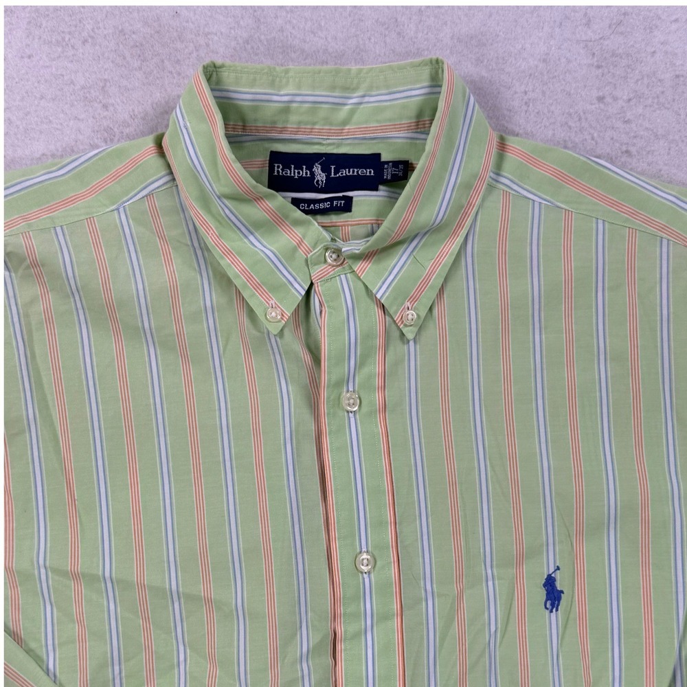 Ralph Lauren Classic Fit Mens 17 34/35 Green Orange Striped Button Down Shirt - Picture 1 of 7